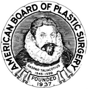 Seal of the American Board of Plastic Surgery with a portrait of Gaspare Tagliacozzi, founder 1937, and founding years 1545–1599 around the edge.