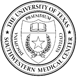Seal of University of Texas Southwestern Medical Center with shield, open book, star, laurel, and motto Presidium.