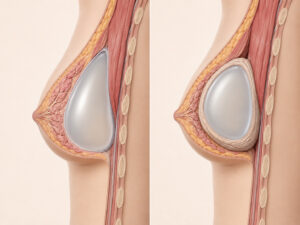 Medical Illustration comparing a normal breast implant capsule with capsular contracture.
