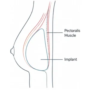 Side-view medical diagram showing a breast implant placed beneath the pectoralis muscle, with the two parts labeled.